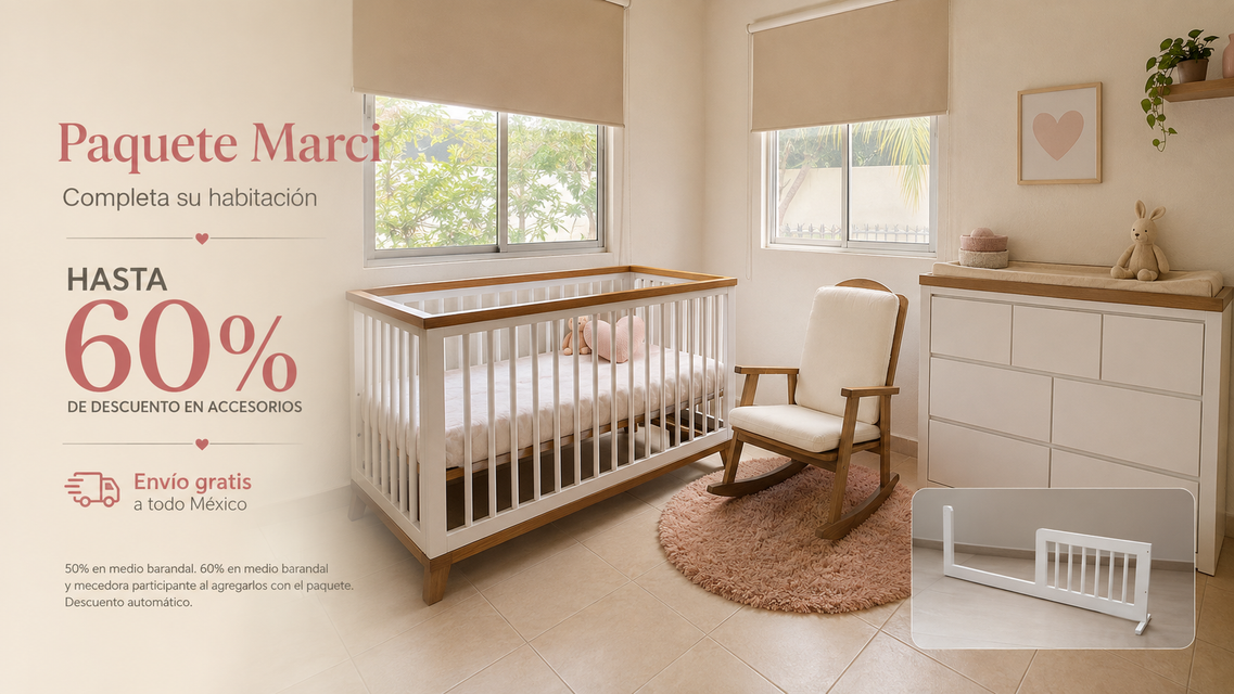 Promocion de paquete marco con 60% de descuento en mecedora y medio barandal