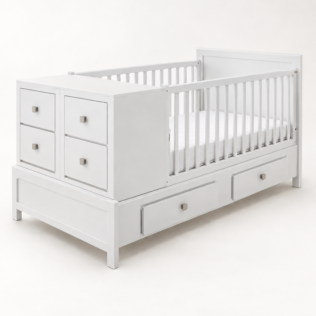 Cama-Cuna Contemporánea en acabado blanco con seis cajones y dos burós removibles