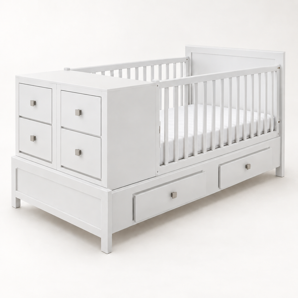 Cama-Cuna Contemporánea en acabado blanco con seis cajones y dos burós removibles