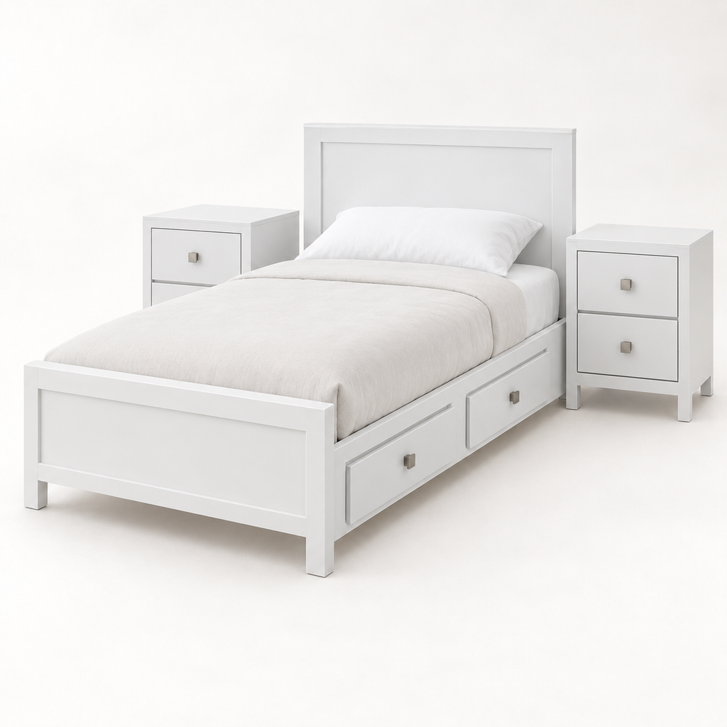 Cama-Cuna Contemporánea blanca convertida en cama individual con dos burós removibles y cajones laterales integrados