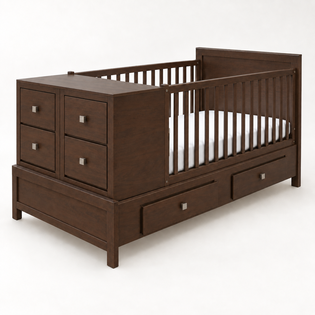 Cama-Cuna Contemporánea en acabado moka con seis cajones y dos burós removibles