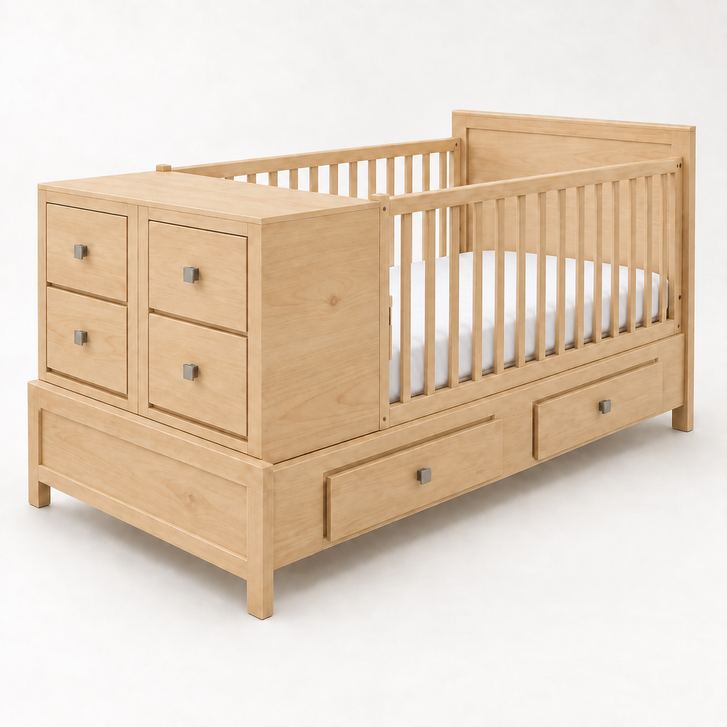Cama-Cuna Contemporánea en acabado natural con seis cajones y dos burós removibles