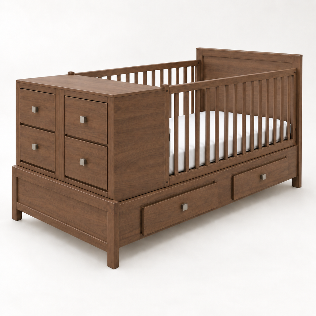 Cama-Cuna Contemporánea en acabado nuez con seis cajones y dos burós removibles