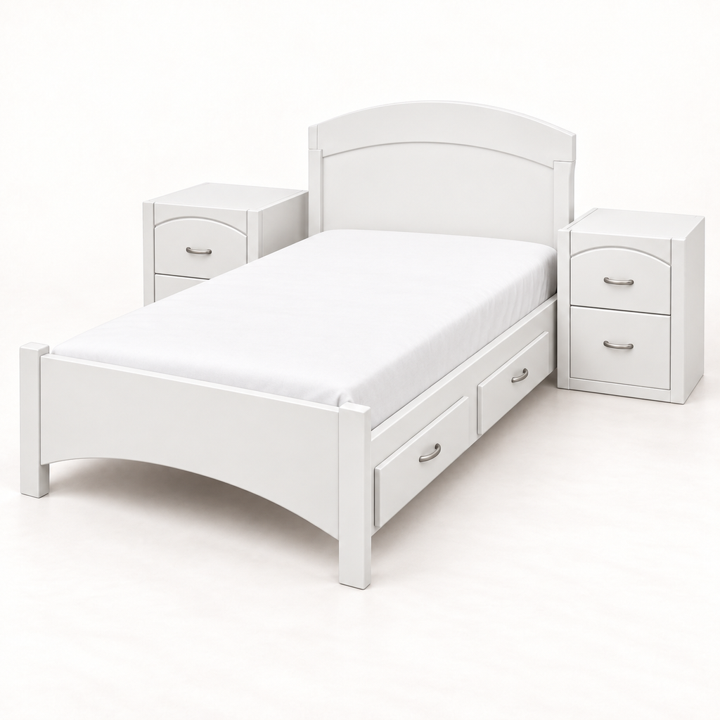 Cama-Cuna Danesa convertida en cama individual blanca con dos burós