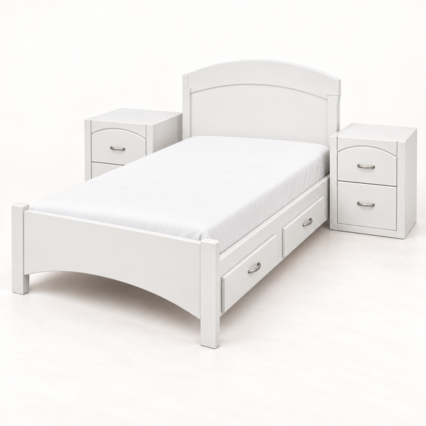 Cama-Cuna Danesa convertida en cama individual blanca con dos burós