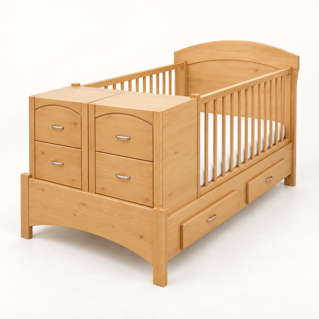 Cama-Cuna Danesa en acabado natural con dos burós y cajones laterales integrados