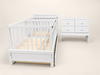 Cama Cuna Gemelar blanca con los dos burós y la plataforma separados de la cuna
