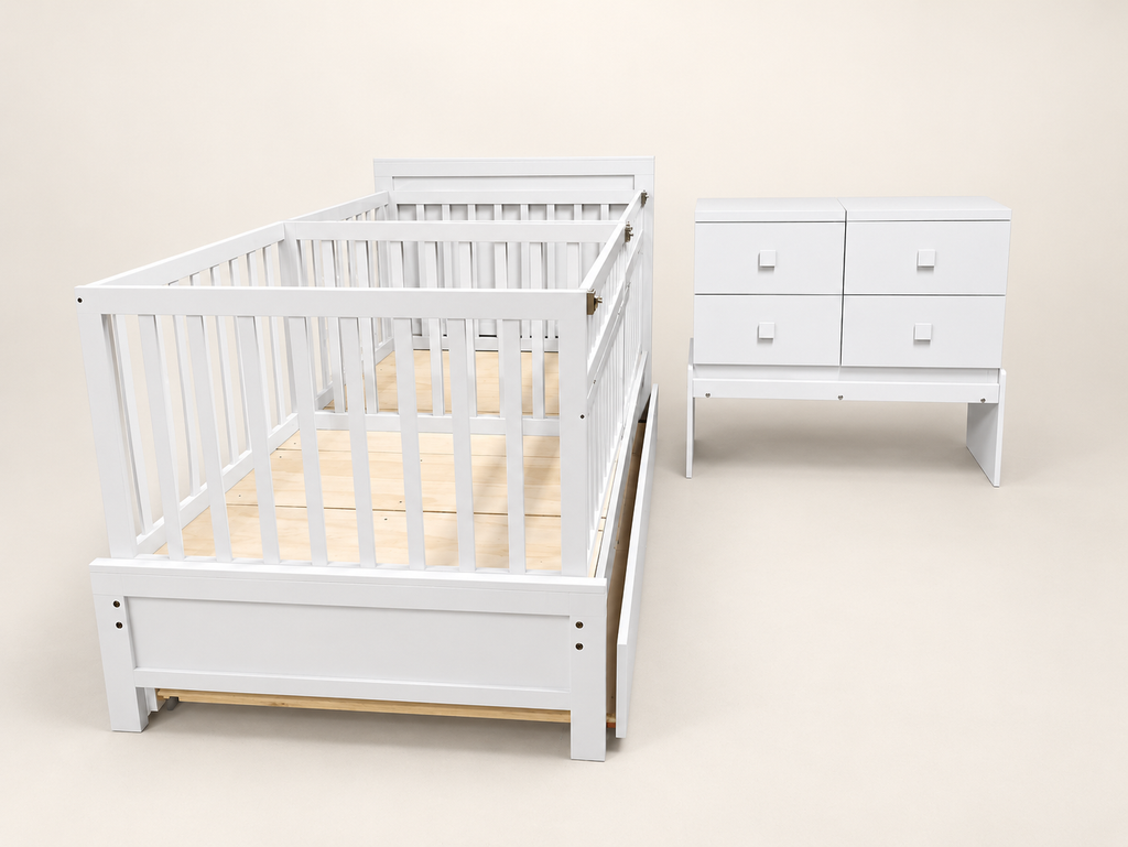 Cama Cuna Gemelar blanca con los dos burós y la plataforma separados de la cuna