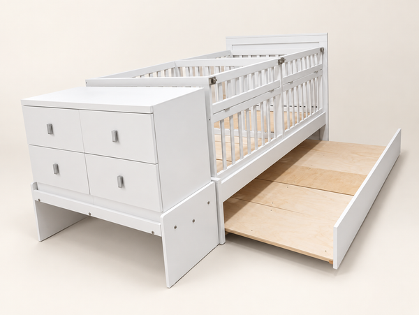 Cama Cuna Gemelar blanca con burós integrados y cama canguro extendida, vista frontal