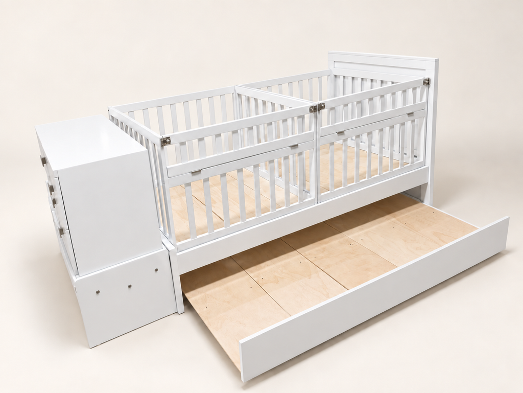 Cama Cuna Gemelar blanca con cama canguro extendida, vista lateral