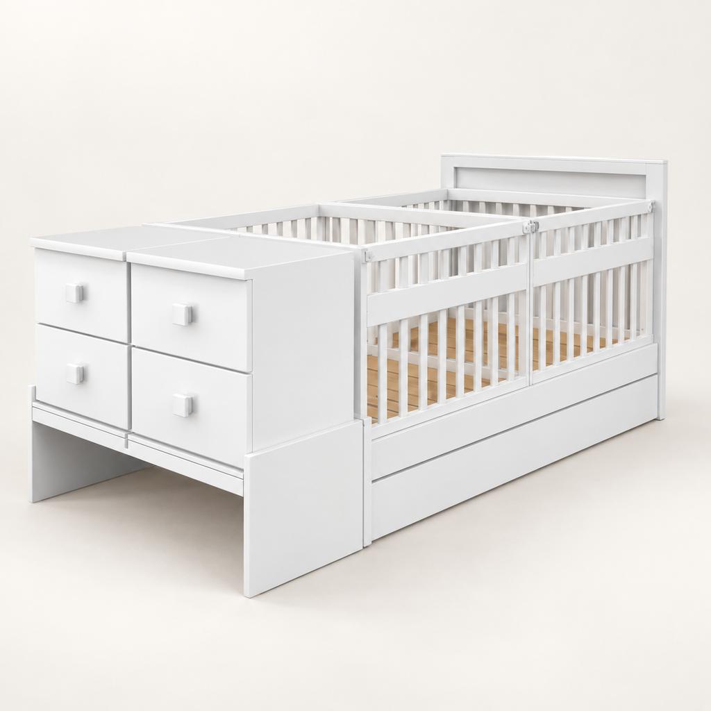 Cama Cuna Gemelar Bebelandia en acabado Blanco con dos corrales, burós y cama canguro