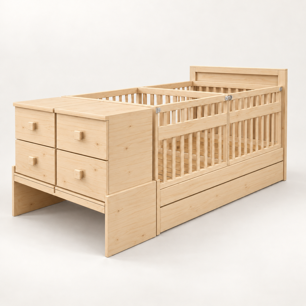Cama Cuna Gemelar Bebelandia en acabado Natural con dos corrales, burós y cama canguro