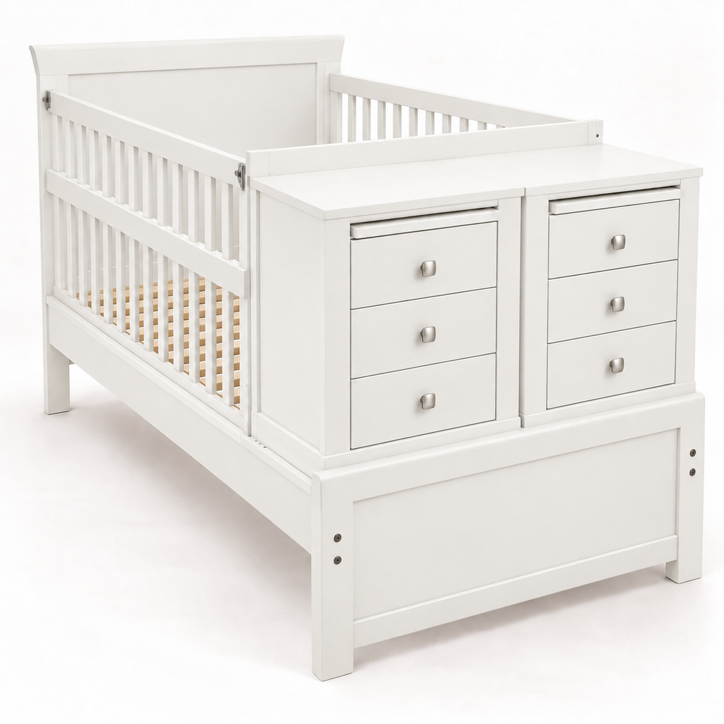Cama Cuna Lugano convertible de Bebelandia en acabado blanco con dos burós y seis cajones