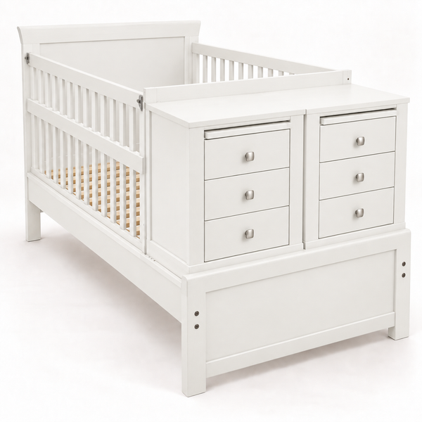 Cama Cuna Lugano convertible de Bebelandia en acabado blanco con dos burós y seis cajones