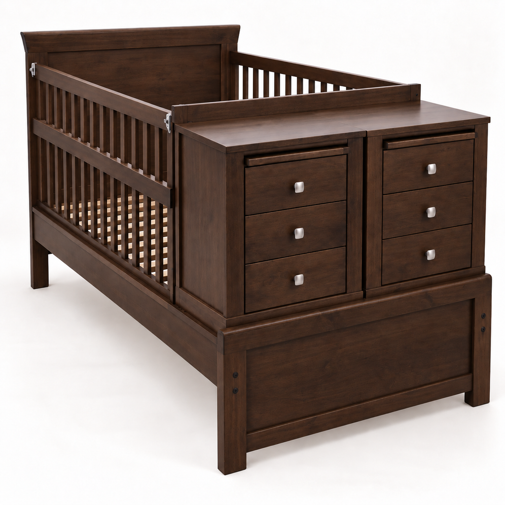 Cama Cuna Lugano convertible de Bebelandia en acabado moka con dos burós y seis cajones