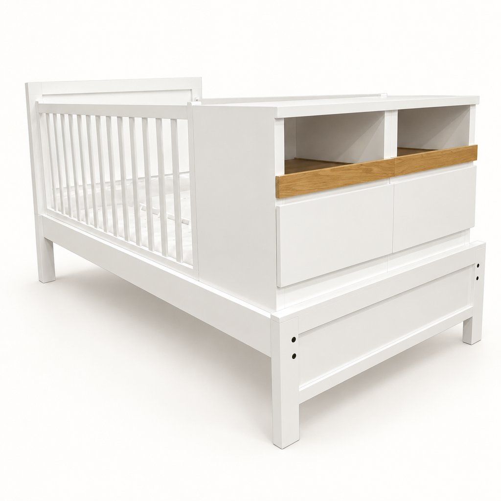 Cama Cuna Oslo convertible en acabado blanco con natural