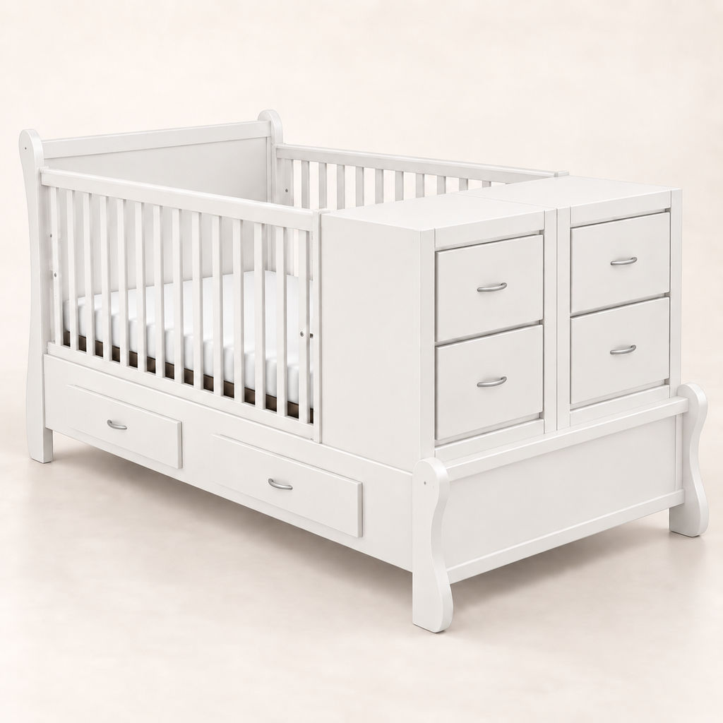 Cama-Cuna Trineo Bebelandia en acabado blanco con burós y cajones integrados