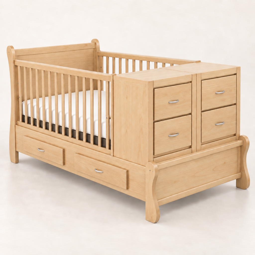 Cama-Cuna Trineo Bebelandia en acabado natural con burós y cajones integrados