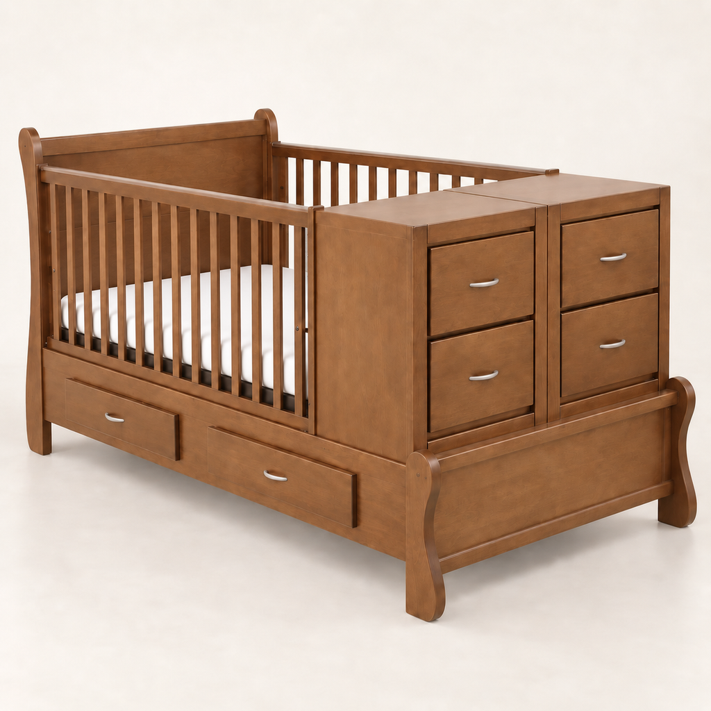 Cama-Cuna Trineo Bebelandia en acabado nuez con burós y cajones integrados