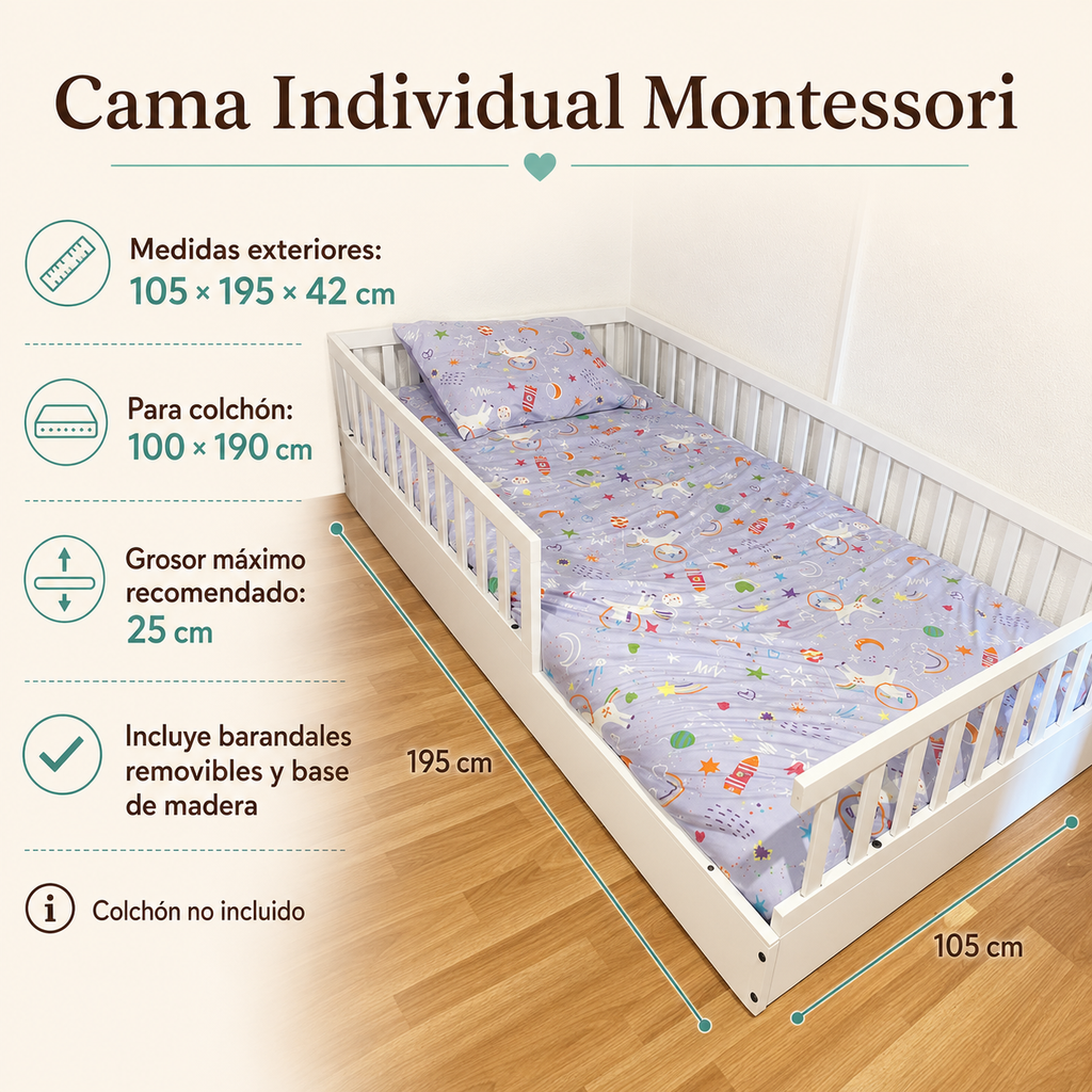 Cama Individual Montessori Bebelandia con medidas 105 × 195 × 42 cm, barandales removibles y base de madera
