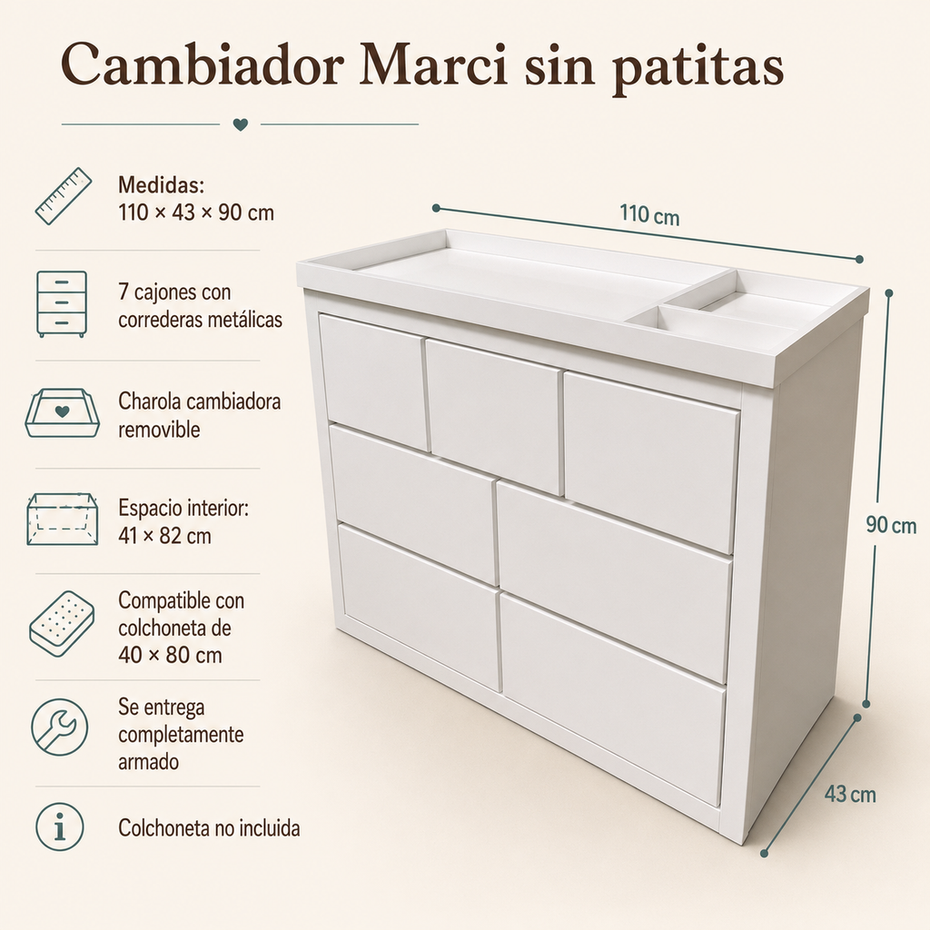 Cambiador Marci sin patitas con siete cajones, charola removible y medidas de 110 × 43 × 90 cm
