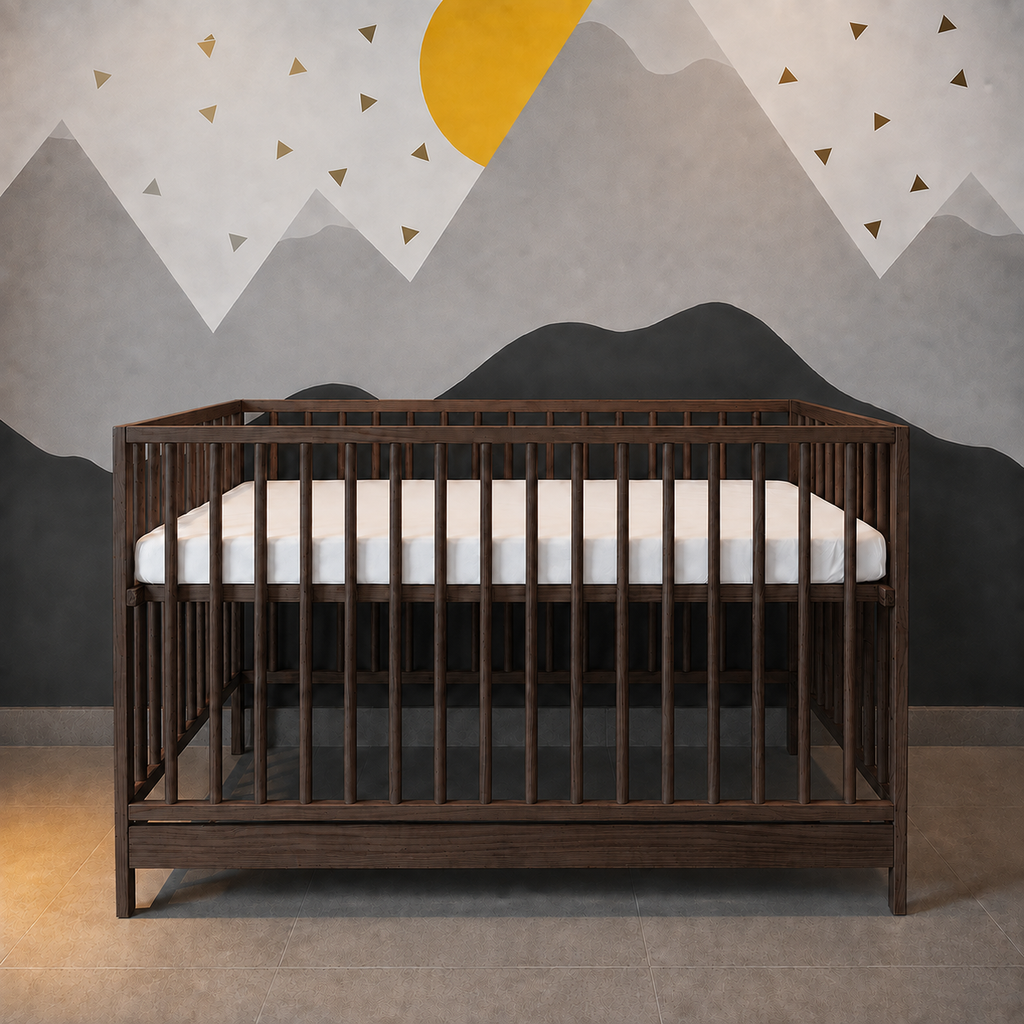 Cuna Judi de madera en acabado moka, vista completa como cuna infantil