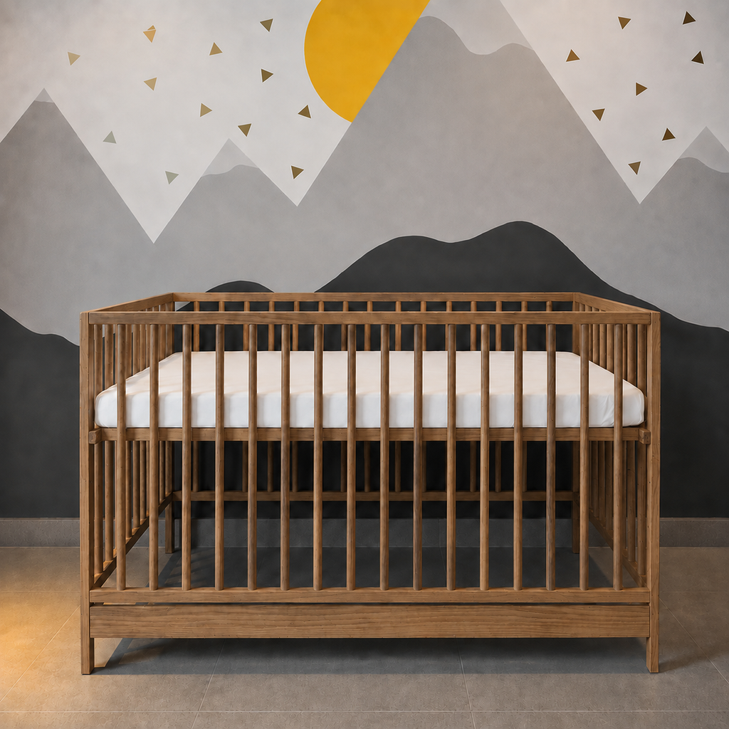Cuna Judi de madera en acabado nuez, vista completa como cuna infantil