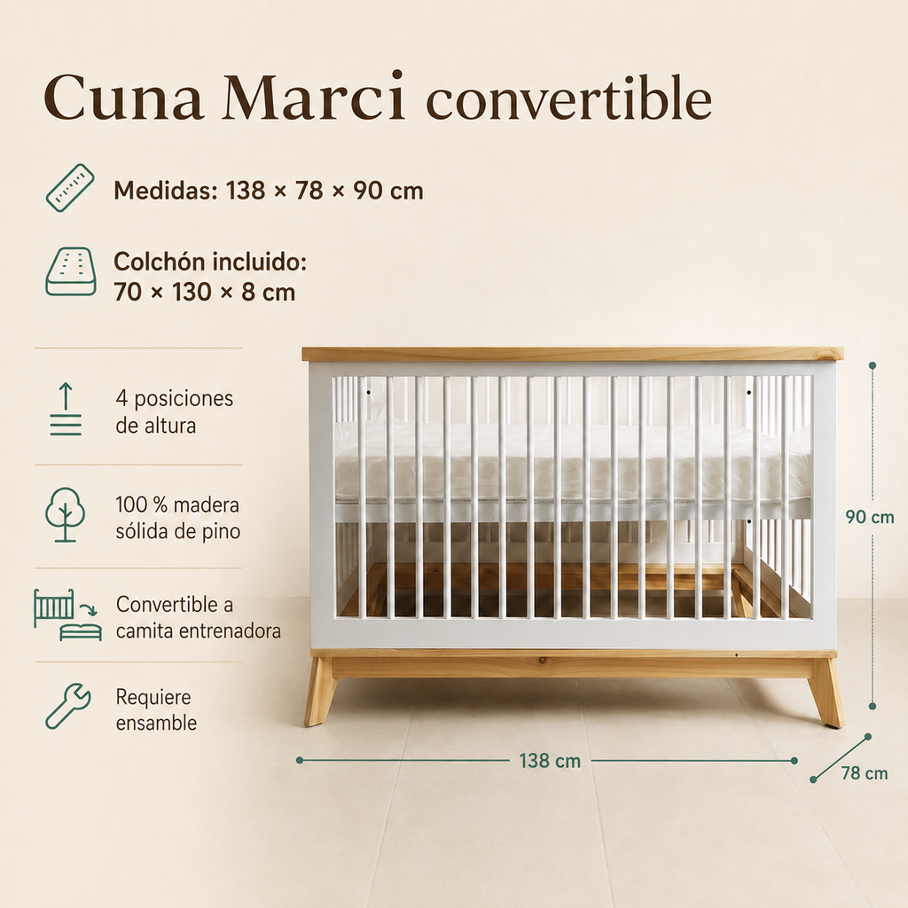 Cuna Marci convertible de madera de pino con colchón incluido, cuatro posiciones de altura y medidas de 138 × 78 × 90 cm