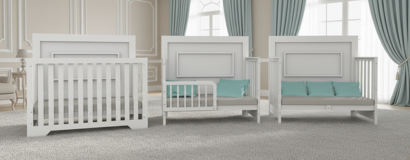 Cunas de madera para bebe en color blanco en sus diferentes conversiones: cuna, colecho y camita.