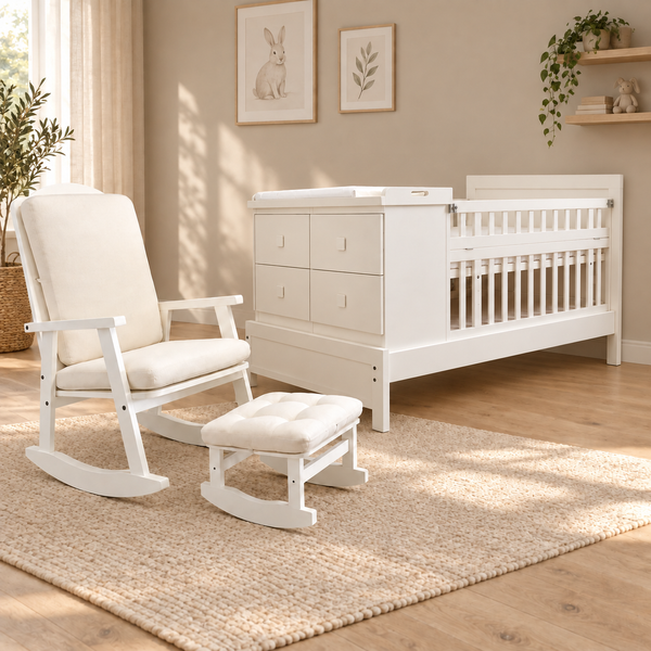 Paquete Cama-Cuna Tempo blanca con mecedora y taburete en habitación infantil de tonos neutros