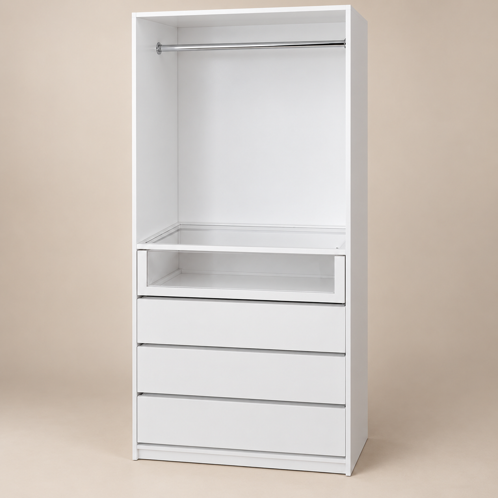 Ropero Vertical M750 blanco con perchero, cajón de acrílico y tres cajones inferiores