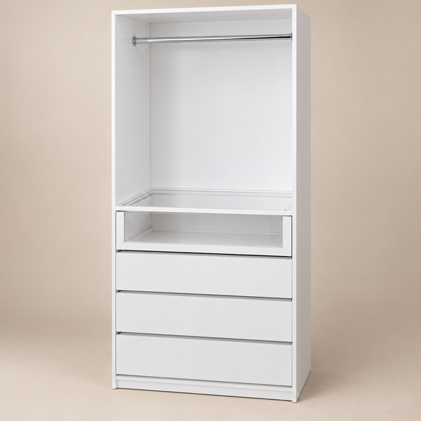 Ropero Vertical M750 blanco con perchero, cajón de acrílico y tres cajones inferiores