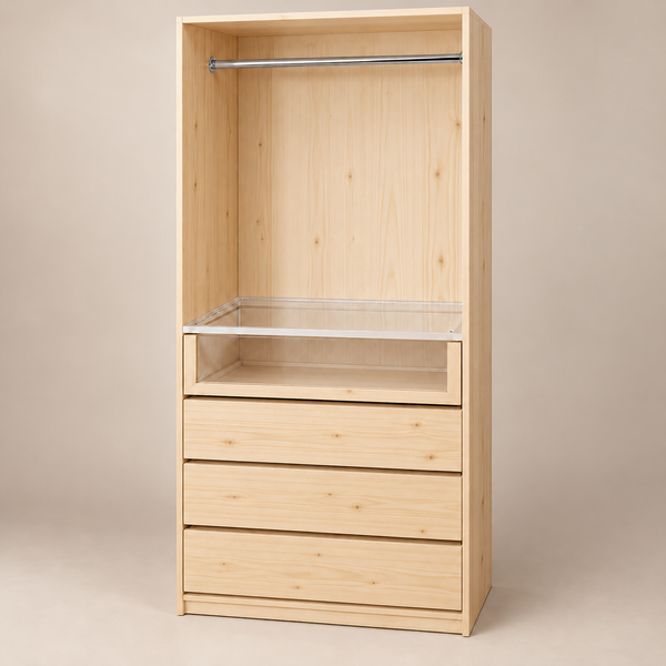 Ropero Vertical M750 en madera natural con perchero, acrílico y tres cajones