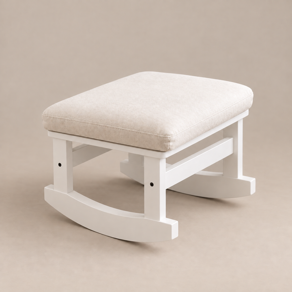 Taburete reposapiés para mecedora en color blanco con cojín capitonado color hueso